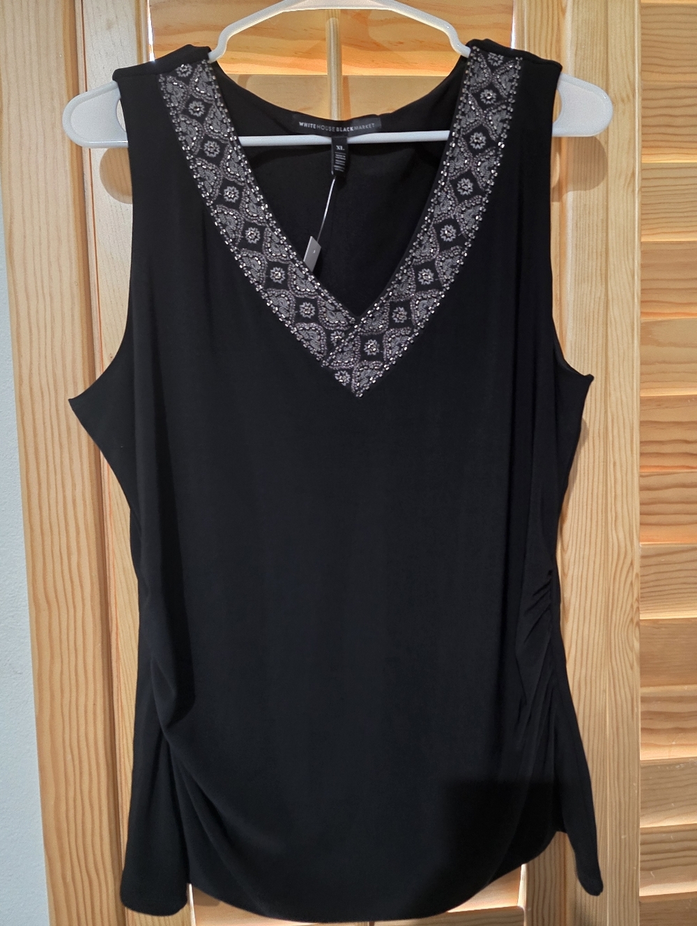 White House Black Market Black Sleeveless V-Neck Top with Beaded Trim